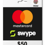 Gift card showing Mastercard and Swype logos on a dark background with a $50 value.