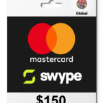 Gift card showing Mastercard and Swype logos on a black background with a globe icon and $150 price tag.