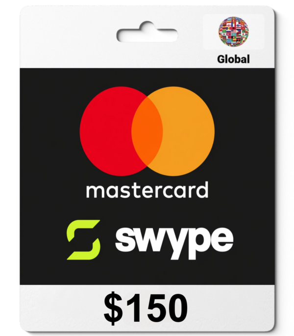Gift card showing Mastercard and Swype logos on a black background with a globe icon and $150 price tag.