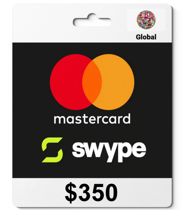Gift card design featuring Mastercard and Swype logos on a dark background with a $350 price.