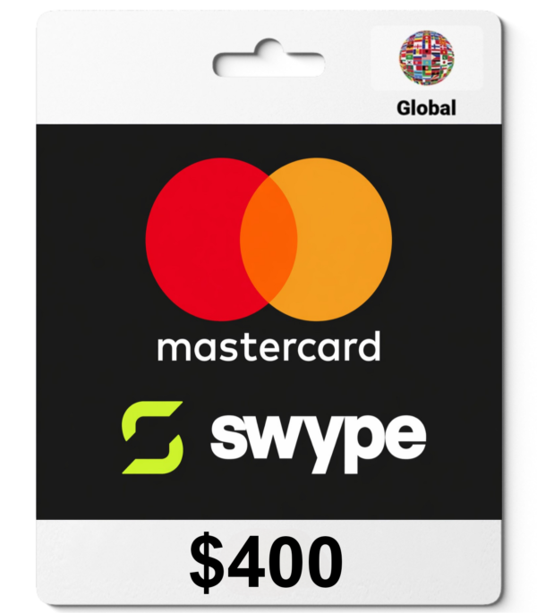 Gift card featuring Mastercard and Swype logos on a dark background with a $400 value.