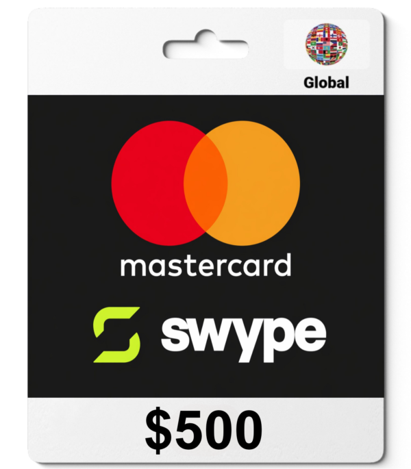 Gift card featuring Mastercard and Swype logos with a $500 value on a white and black background.