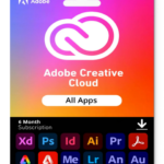 Adobe Creative Cloud All Apps card with gradient purple-pink-orange; shows cloud logo and 'All Apps' button for a 6-month subscription panel
