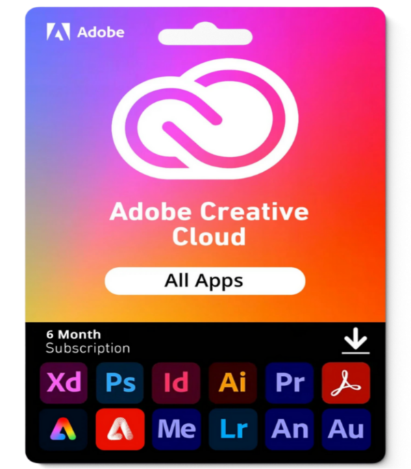 Adobe Creative Cloud All Apps card with gradient purple-pink-orange; shows cloud logo and 'All Apps' button for a 6-month subscription panel