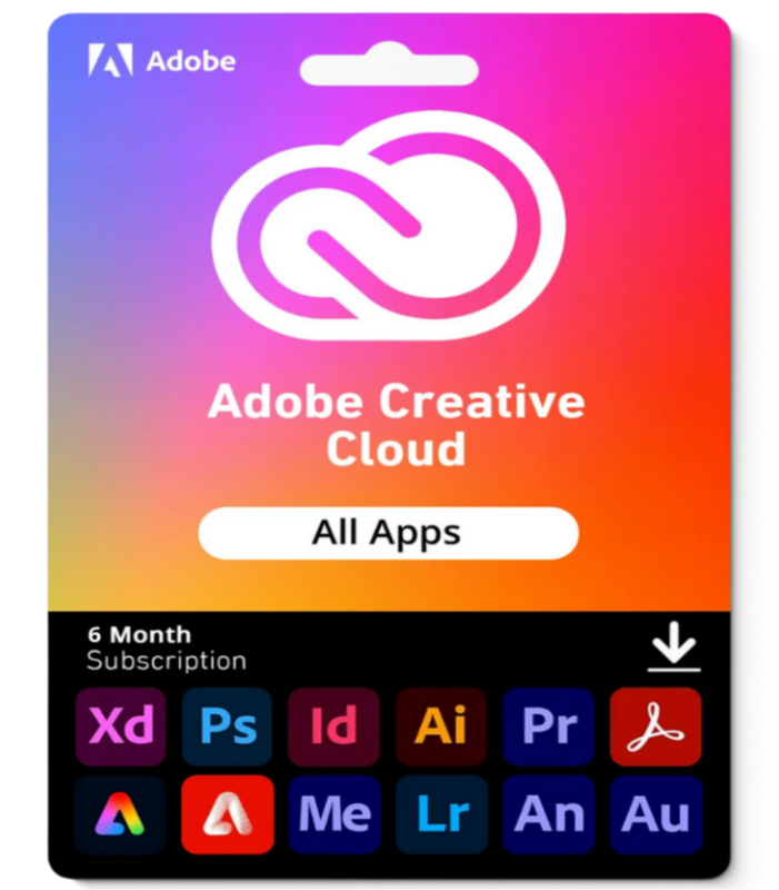 Adobe Creative Cloud All Apps card with gradient purple-pink-orange; shows cloud logo and 'All Apps' button for a 6-month subscription panel