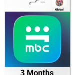Packaging for mbc app subscription: a Global three-month plan with a gradient teal–green rounded icon on the front.