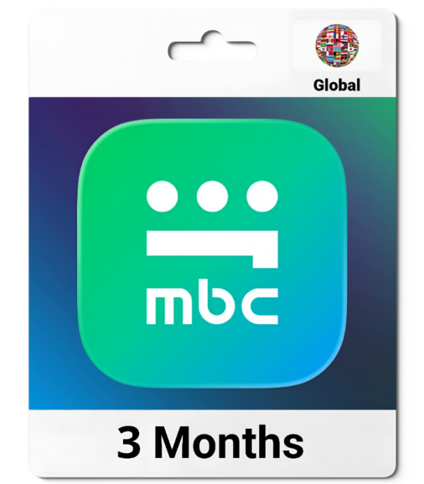 Packaging for mbc app subscription: a Global three-month plan with a gradient teal–green rounded icon on the front.