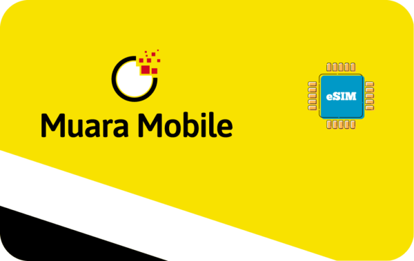 Muara Mobile logo with circular symbol and wordmark on a bright yellow background, plus an eSIM chip icon on the right side.