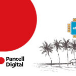 Company branding for Panell Digital with a tropical island sketch and an eSIM chip on the right side.