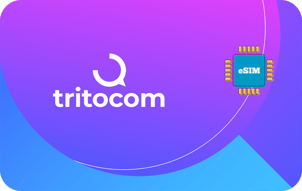 Branding image with the 'tritocom' logo on a purple gradient background and a teal eSIM chip pinned on the right.