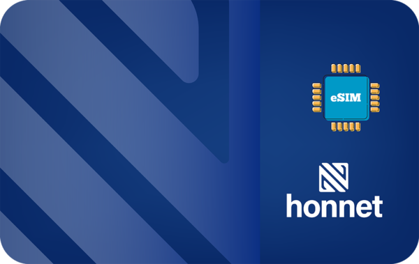Blue gradient banner with diagonal dark stripes, an illustrated eSIM chip on the right, and the honnet logo below.