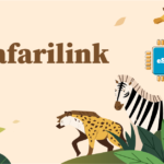 Brand banner for Safarilink with safari animals (giraffe, zebra, leopard) and a blue eSIM chip on a beige background.