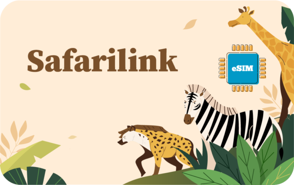 Brand banner for Safarilink with safari animals (giraffe, zebra, leopard) and a blue eSIM chip on a beige background.