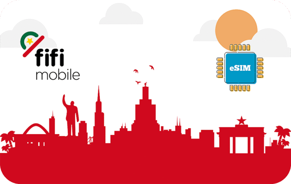 Red city skyline silhouette with Fifi Mobile logo on the left and an eSIM chip on the right against a white background with clouds and a sun