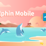 Beach sunset illustration for Dolphin Mobile with dolphins leaping and a blue eSIM chip labeled eSIM on the right