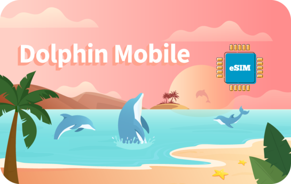 Beach sunset illustration for Dolphin Mobile with dolphins leaping and a blue eSIM chip labeled eSIM on the right