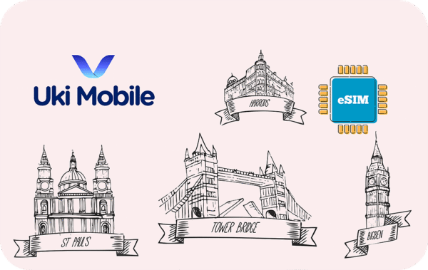 Uki Mobile logo with a pink background and London landmarks (St Paul’s, Tower Bridge, Big Ben) plus an eSIM chip.