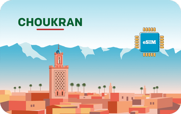 Brand banner with CHOUKRAN logo over a stylized desert cityscape and a blue eSIM chip on the right.