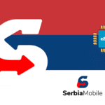 SerbiaMobile eSIM promo with looping white arrows on a red-blue-white flag background and an eSIM chip symbol; branding visible at bottom right.