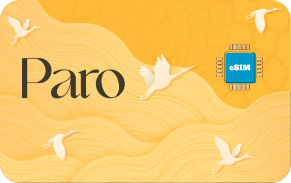 Paro eSIM branding on a yellow, wavy background with white birds in flight