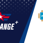 Dark blue banner with a red star logo and 'CHANGE+' text, diagonal blue stripe, and an eSIM chip illustration on the right.