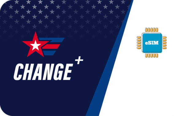 Dark blue banner with a red star logo and 'CHANGE+' text, diagonal blue stripe, and an eSIM chip illustration on the right.
