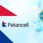 Patancell logo with a blue eSIM chip on a futuristic light-blue geometric background.