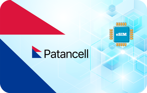 Patancell logo with a blue eSIM chip on a futuristic light-blue geometric background.
