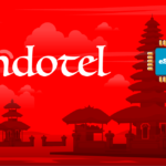 Red promotional illustration with Asian pagodas and a blue eSIM chip labeled 'eSIM' beside the white 'indotel' text.