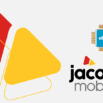 Brand hero: red and yellow abstract shapes with a blue eSIM chip and the Jaco Mobile logo on a light gray background.