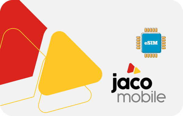 Brand hero: red and yellow abstract shapes with a blue eSIM chip and the Jaco Mobile logo on a light gray background.