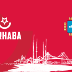 Red banner with the word MERHABA, a white star emblem, and a blue eSIM chip icon on the right; white line-art skyline and bridge at the bottom.