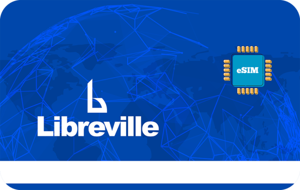 Branding image with the word 'Librevile' and an eSIM chip icon on a blue global-network background.
