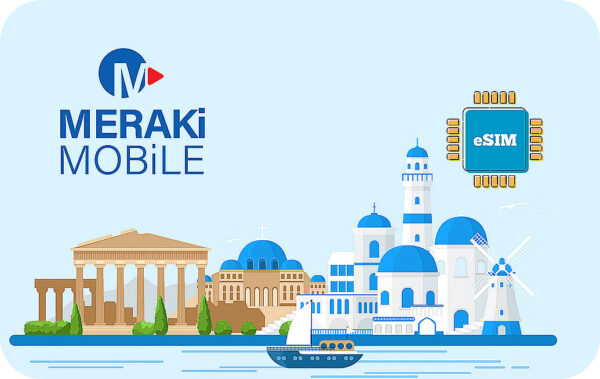 Brand banner: Meraki Mobile logo with a Mediterranean coastal skyline and an eSIM chip in the sky.