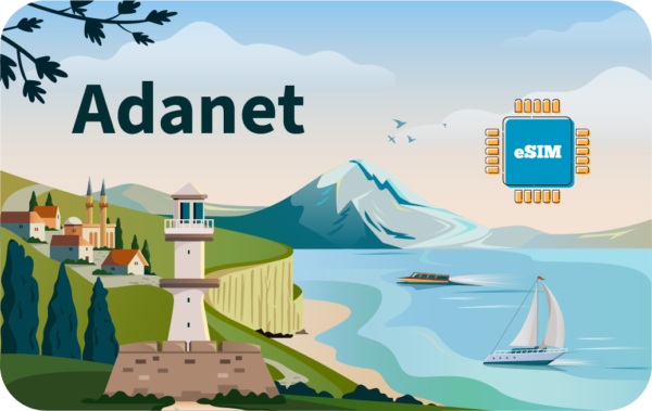 Brand banner: Adanet with a scenic coastal illustration featuring a lighthouse, mountains, boats, and an eSIM chip on the right.