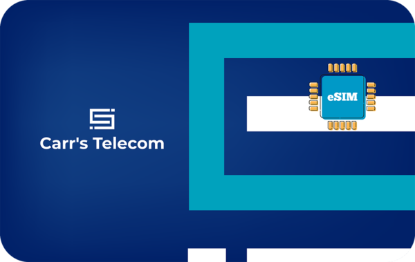 Carr's Telecom logo on a dark blue gradient background with an eSIM chip illustration inside a turquoise frame on the right.