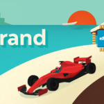 Beach scene with a red Formula-style race car driving along the sandy shore; turquoise sea, setting sun, and a blue eSIM chip logo labeled 'eSIM' on the right, with the word 'Grand' across the water.