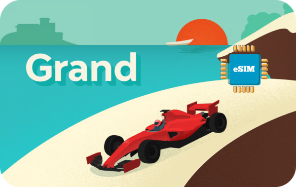 Beach scene with a red Formula-style race car driving along the sandy shore; turquoise sea, setting sun, and a blue eSIM chip logo labeled 'eSIM' on the right, with the word 'Grand' across the water.