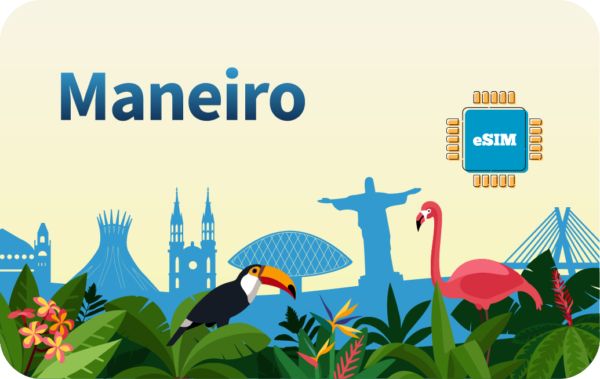 Brand banner for Maneiro with tropical plants, skyline silhouettes, a toucan, flamingo, and an eSIM chip.