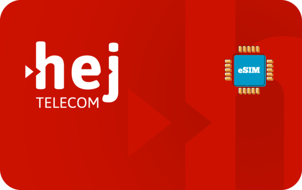 Hej Telecom logo on red background with an eSIM chip illustration on the right side.