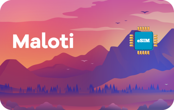 Sunset purple mountain landscape with bold 'Maloti' text on the left and a blue eSIM chip icon on the right.