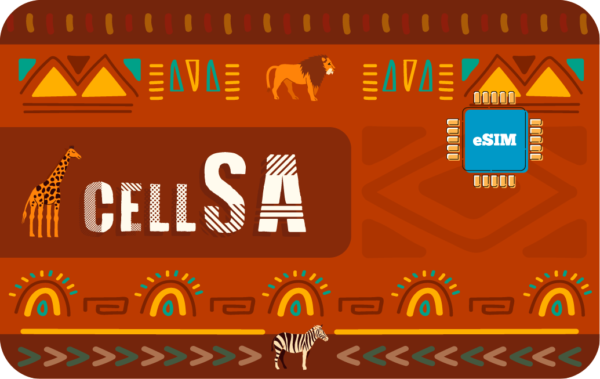Promotional banner with an African pattern showing CELL SA and a blue eSIM chip, with a giraffe and a lion.