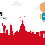 Promotional illustration with a red city skyline, left logo 'fifi mobile', right blue eSIM chip, sun and clouds above.