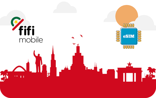 Promotional illustration with a red city skyline, left logo 'fifi mobile', right blue eSIM chip, sun and clouds above.