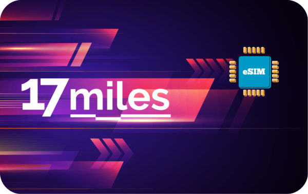 Abstract neon banner with the text '17 miles' and an eSIM chip icon on the right.