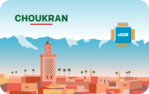 Promotional illustration for Choukran eSIM: desert city with pastel buildings and a blue eSIM chip in the sky.