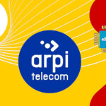 Bright abstract banner with the blue ARPI telecom logo circle and an eSIM chip on a yellow background, featuring white lines and a red shape.