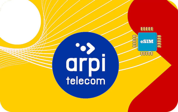 Bright abstract banner with the blue ARPI telecom logo circle and an eSIM chip on a yellow background, featuring white lines and a red shape.