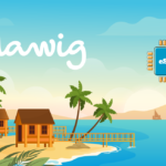 Tropical beach scene with palm trees, huts, a wooden pier, a sailboat, and a blue eSIM chip labeled 'eSIM' near the 'Mawig' logo.