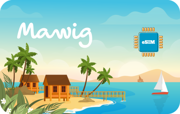 Tropical beach scene with palm trees, huts, a wooden pier, a sailboat, and a blue eSIM chip labeled 'eSIM' near the 'Mawig' logo.